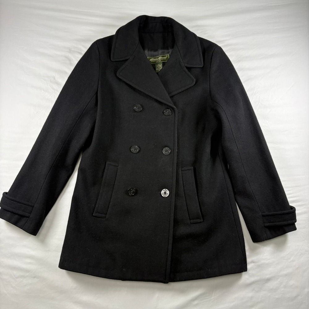 Eddie Bauer Pea Coat Womens XS Wool Blend Double Breasted Black Nautical Classic